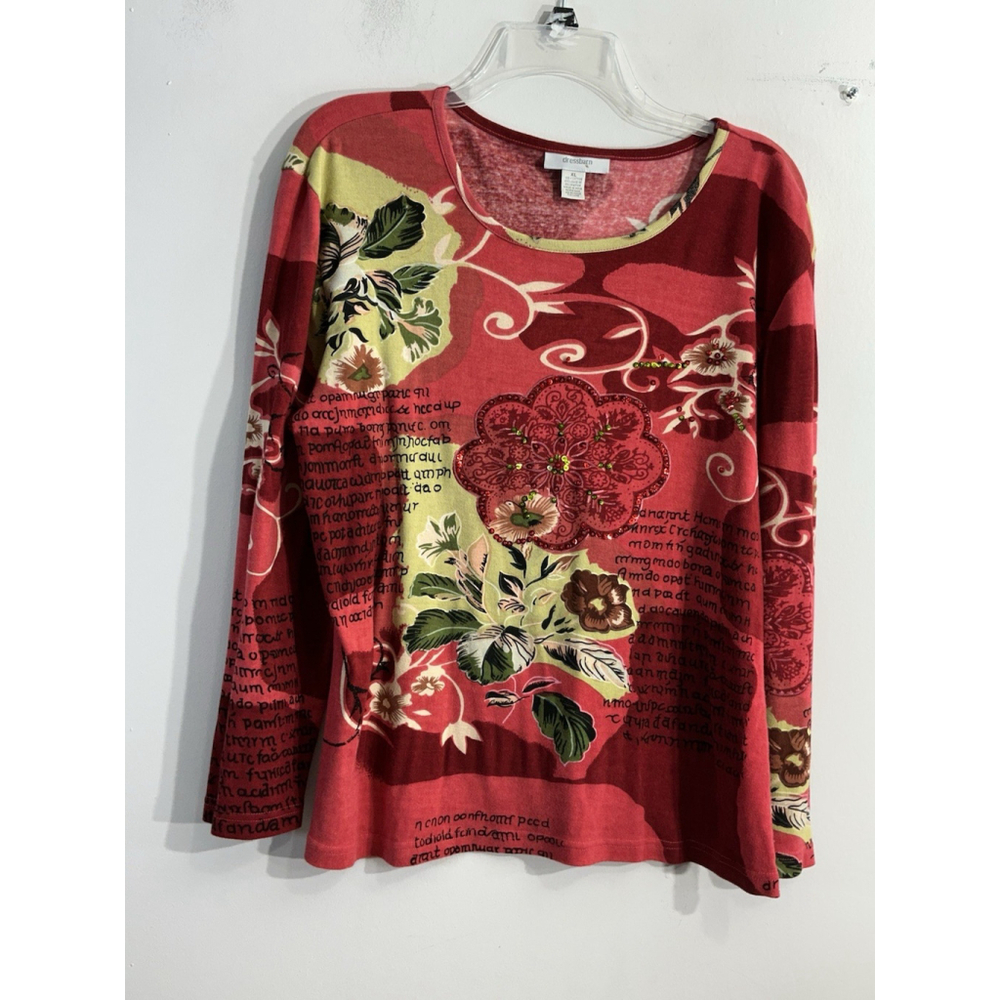 Womans Dress Barn Pullover Top XL Red Pink Long Sleeve Sequins